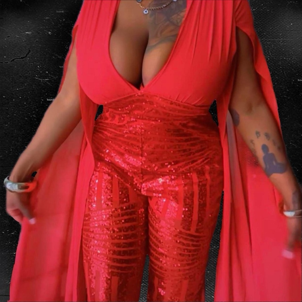Elegant Draped in Red Sequin Cape Backless Jumpsuit
